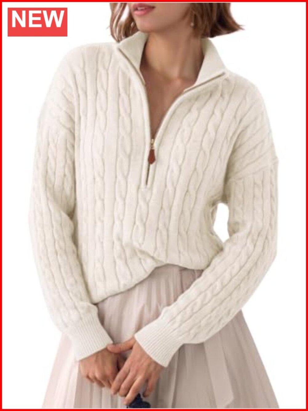 Quarter Zip Ribbed Cable Knit Pullover Sweater Mock Neck
